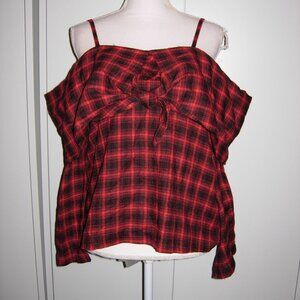 Love Riche Red Black Flannel Off Shoulder Top M